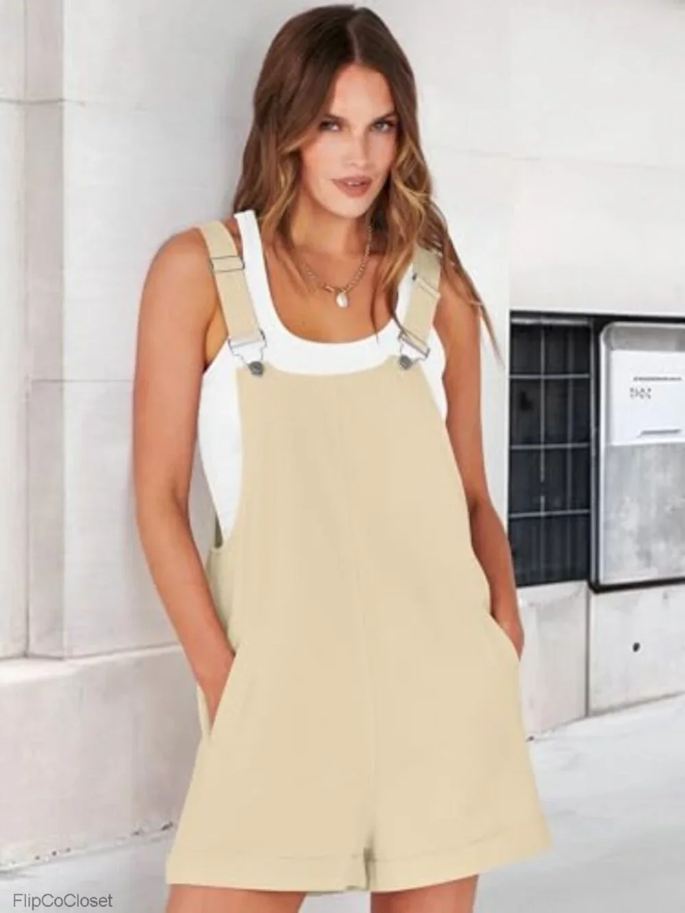 Women's Loose Fit Short Overalls Summer Adjustable Strap Square Neck Rompers